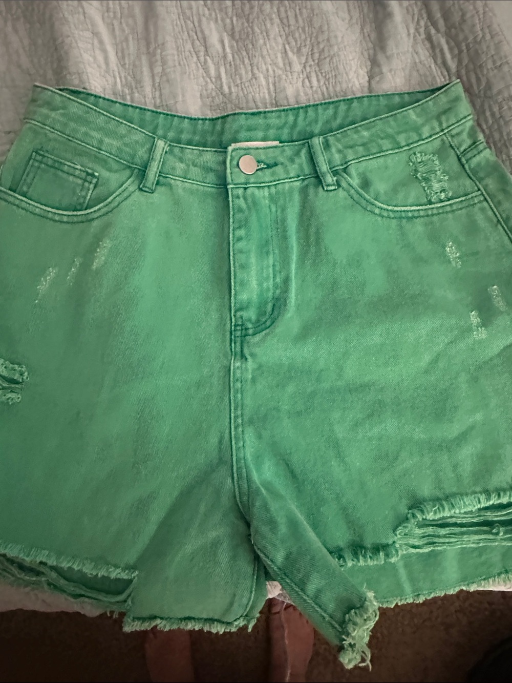 Pink Lily Mint Green Distressed High-Rise Jean Shorts